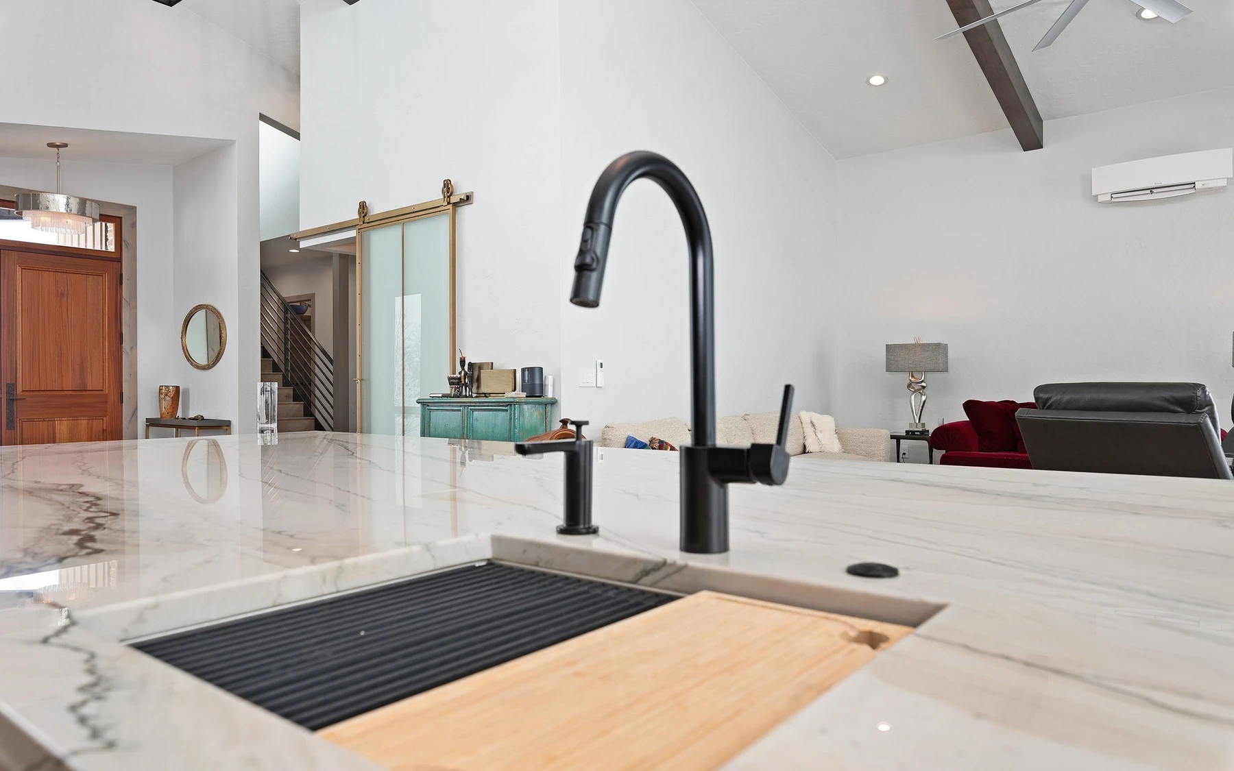 Interior detail in the Contemporary Hideaway custom home near McCall, showing built-in cabinetry and wood finishes.