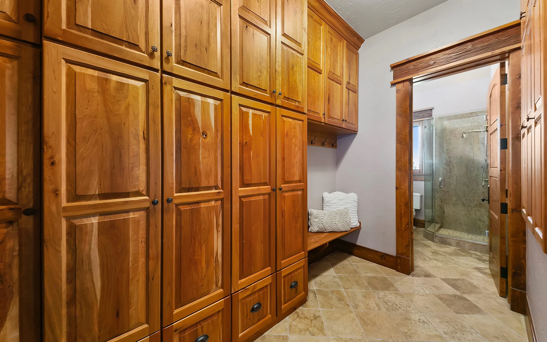 Interior detail in the Summit Sanctuary ridgeline home near McCall, showing built-in cabinetry and wood finishes.